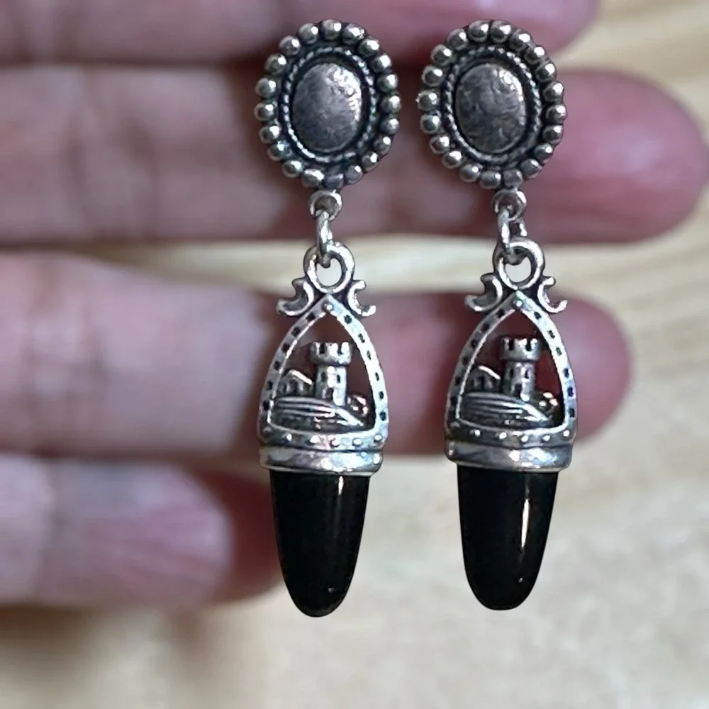 VTG ANNI‎ Stud Dangle Earrings 1.875 Inch Castle Black Onyx 925 Sterling 10.6g